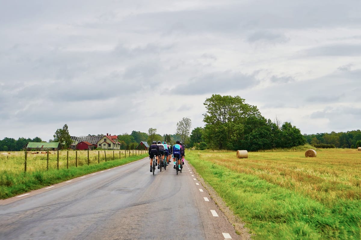 Gruppe von Rennradfahrern auf einer nassen Landstraße zwischen abgeernteten Feldern